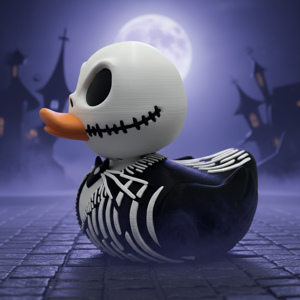 Duck Skellington left profile in a moonlit gothic Halloween town