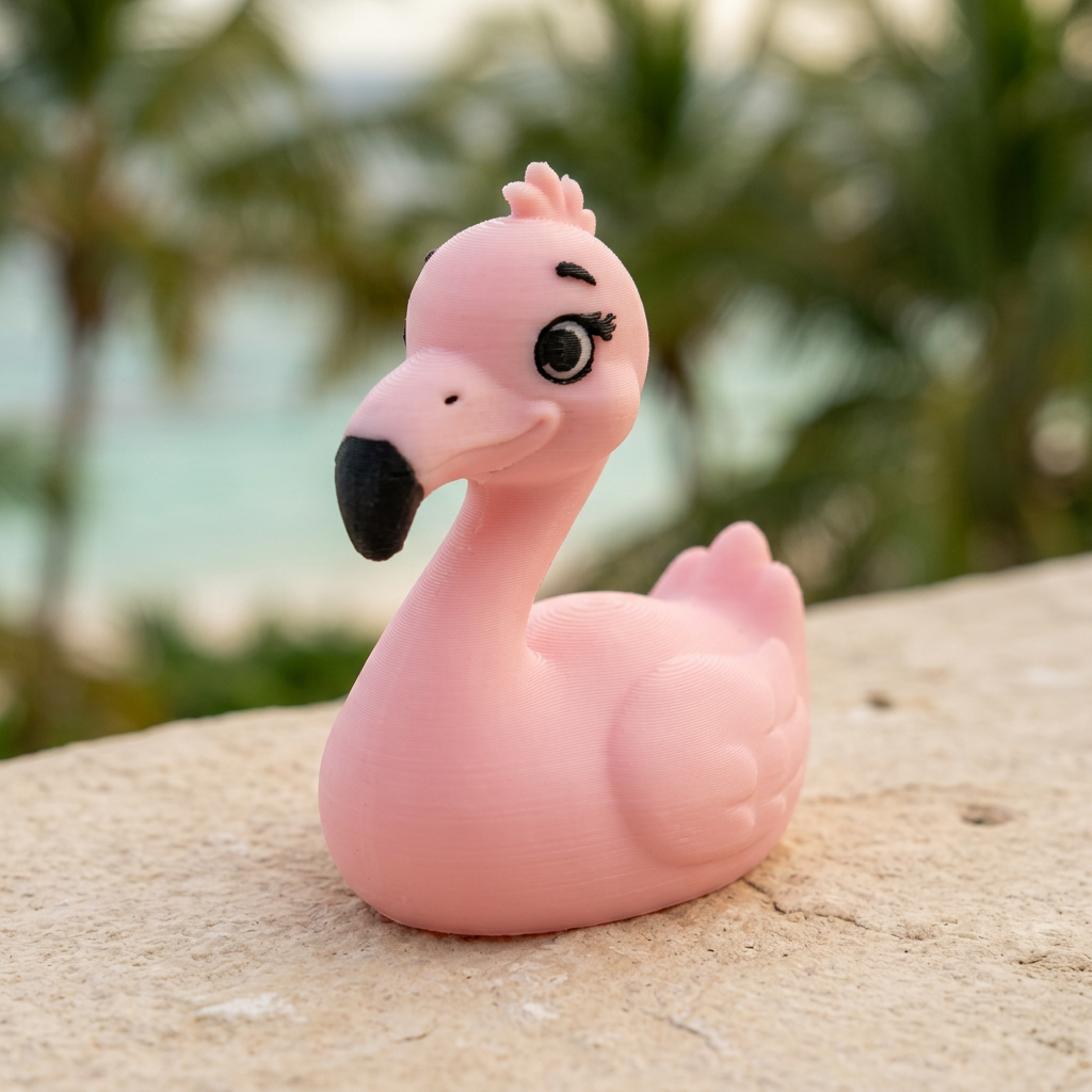 Cute Flamingo Duck camera-facing three-quarter view in a tropical setting