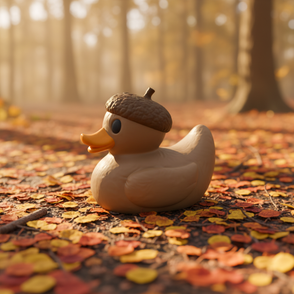 Acorn Duck collectible left side view on an autumn woodland floor