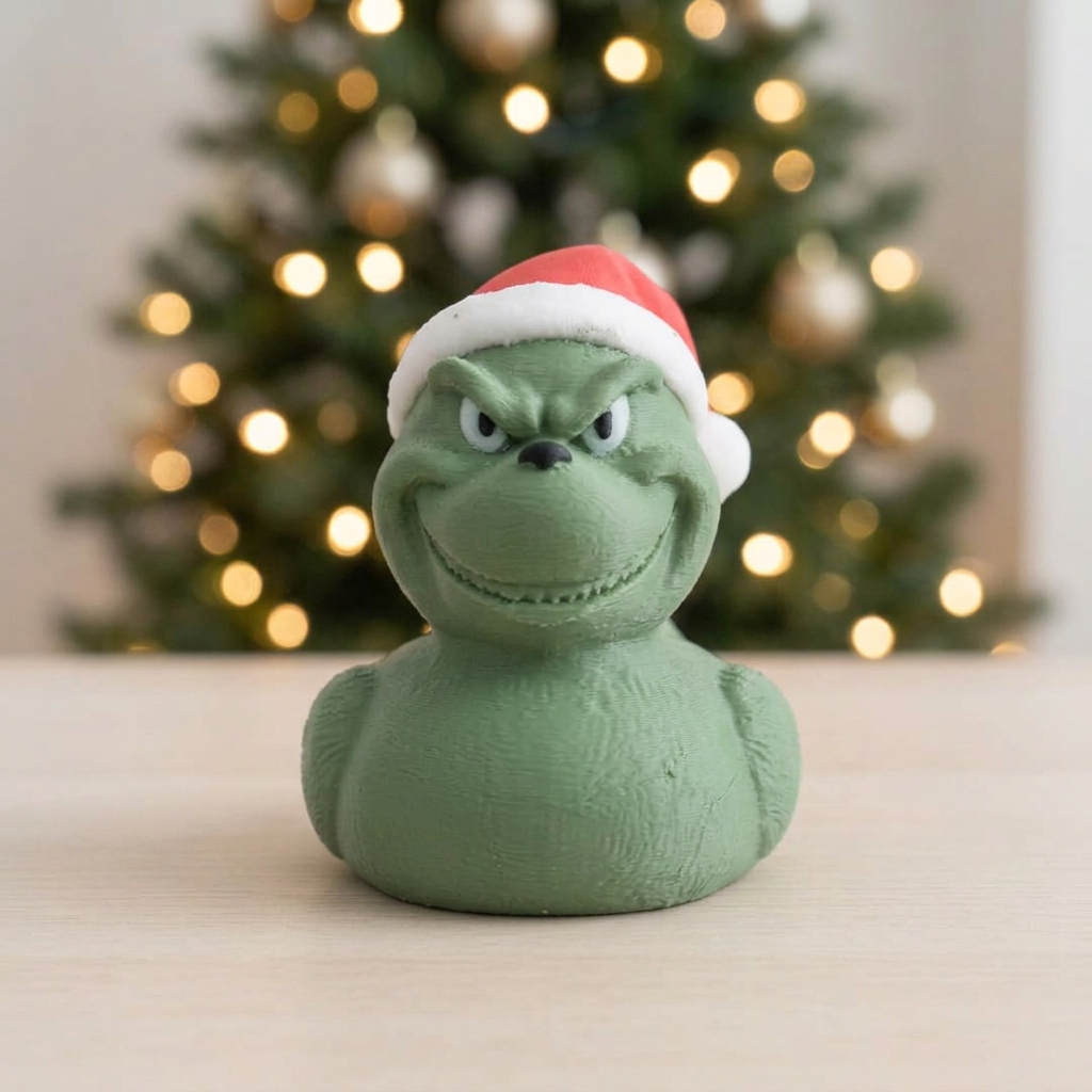 Christmas Grinch-inspired duck, front view with Christmas-tree background