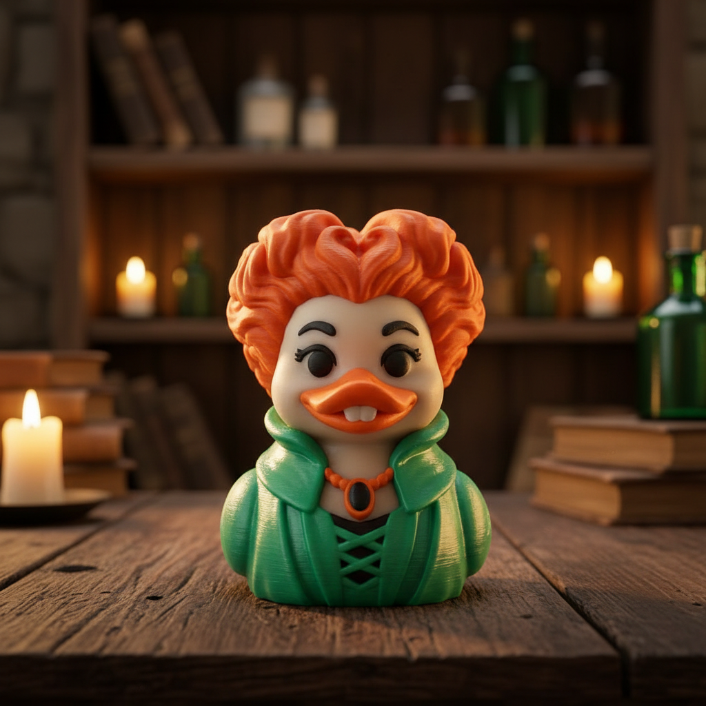 Winifred Sanderson collectible duck front view in a candlelit cottage