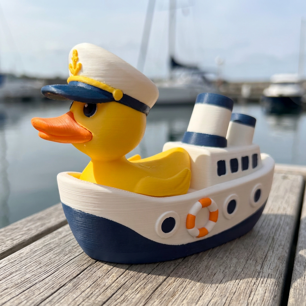 Cruise Captain Duck camera-facing three-quarter view on a marina dock