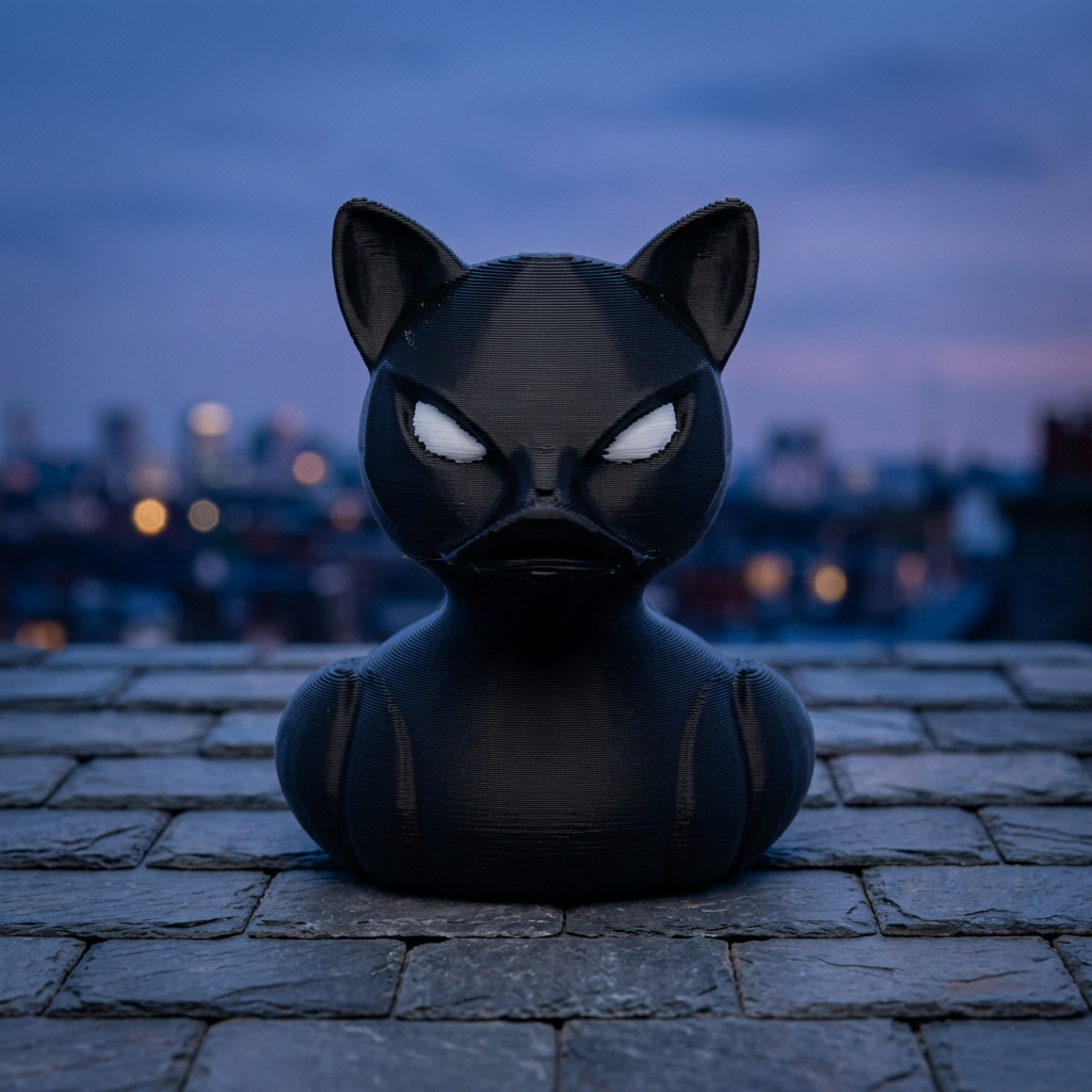 Catwoman-inspired black duck, front view on a rooftop at blue hour
