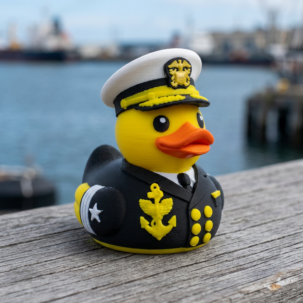 Navy Captain Duck camera-facing three-quarter view with harbor background