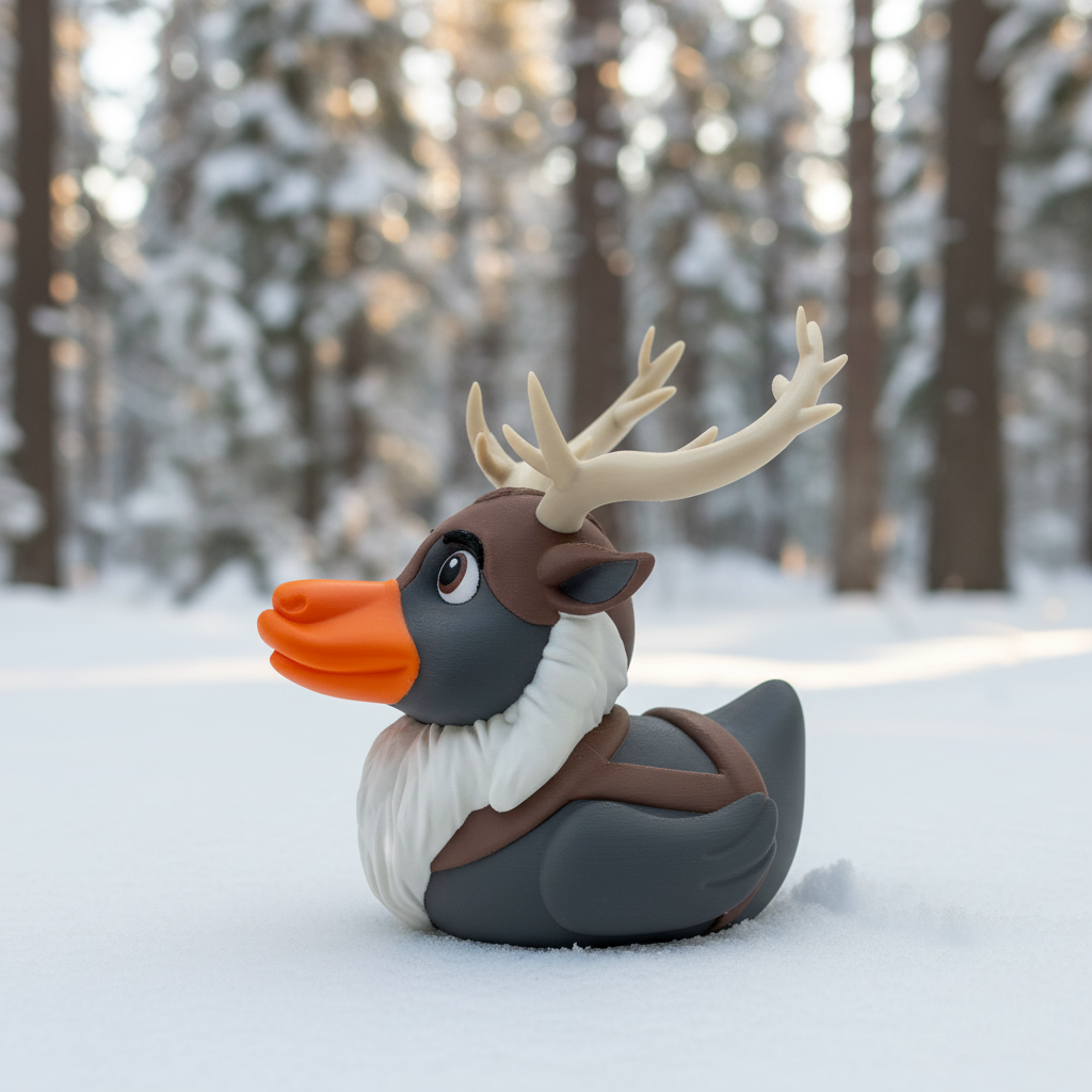 Sven Duck collectible left-side view in a winter woodland