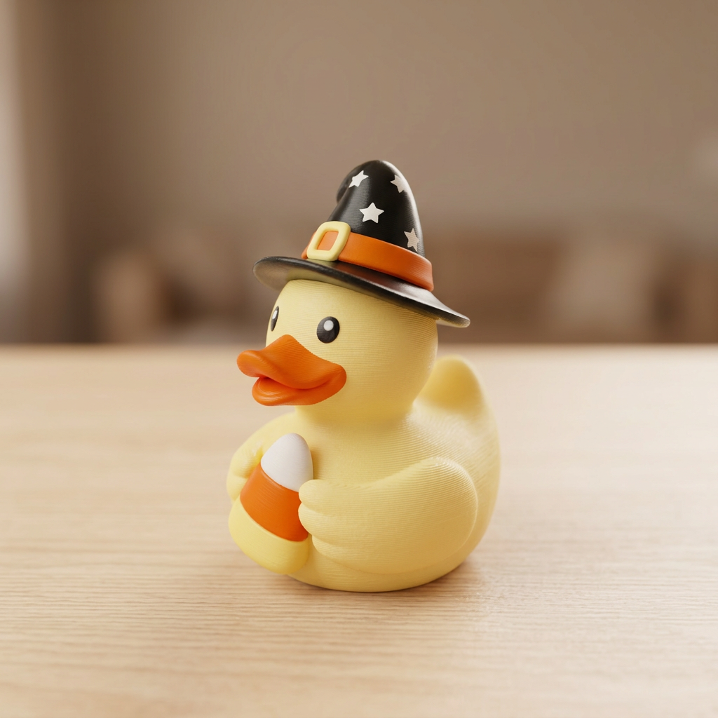 Candy Corn Witch Duck, camera-facing three-quarter view