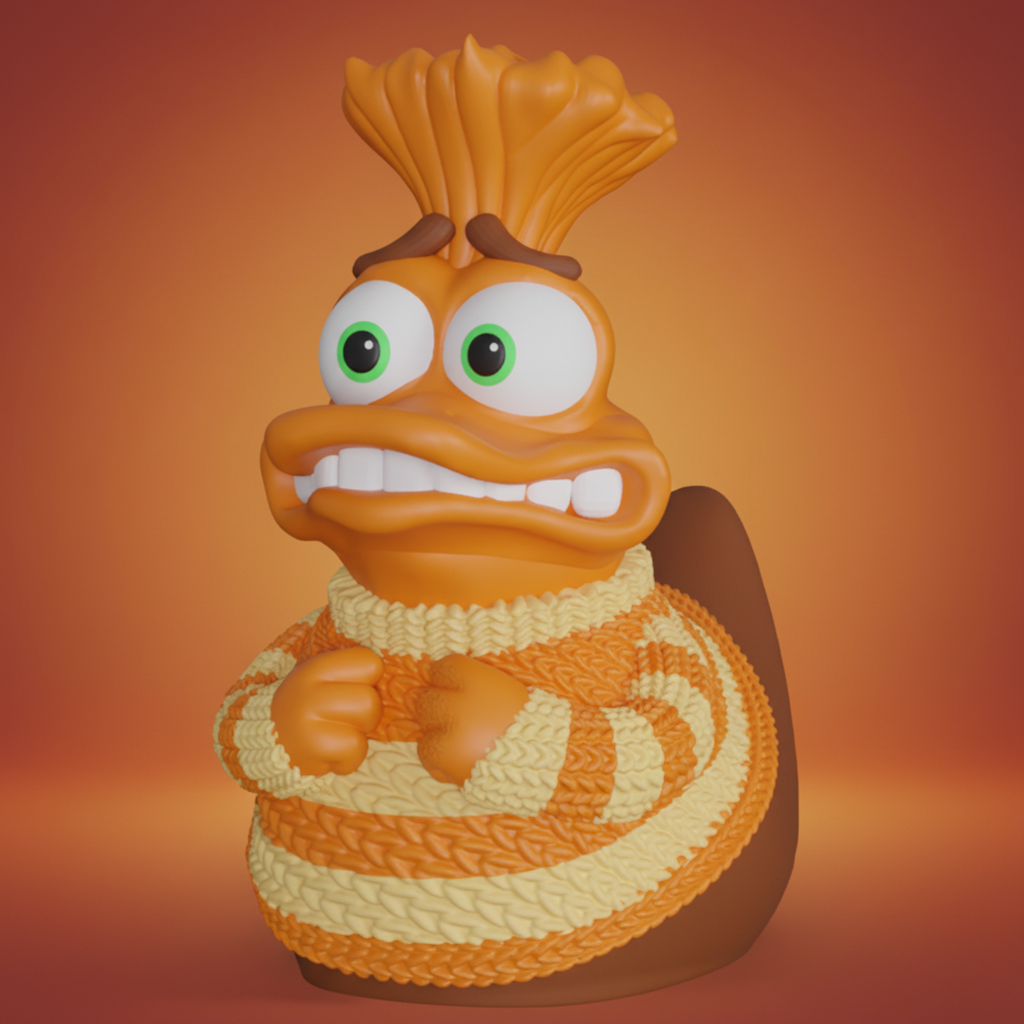 Front view of an orange Anxiety-inspired duck with a wide-eyed expression in a warm orange studio setting