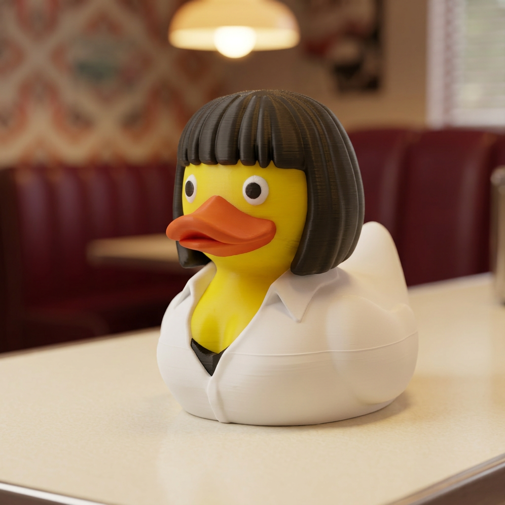 Mia Wallace-inspired duck camera-facing three-quarter view in diner setting