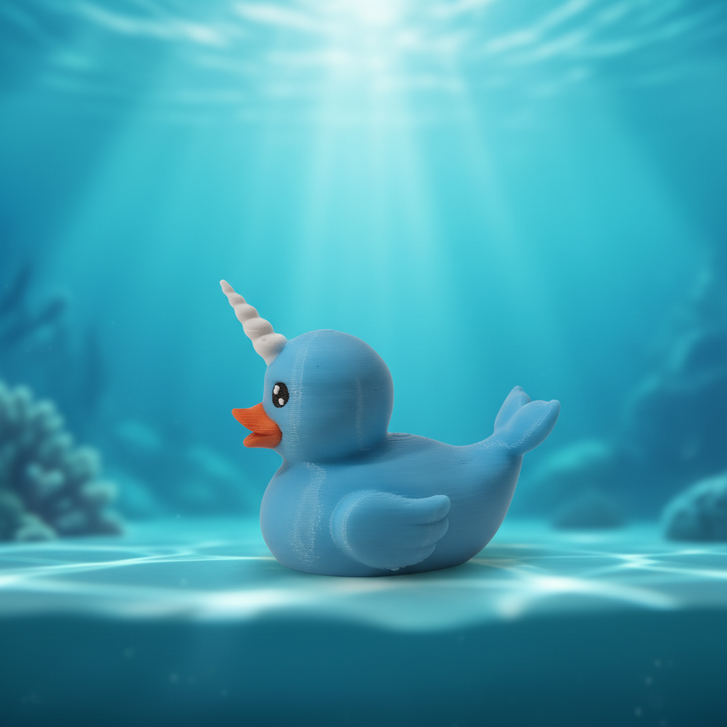 Blue-grey Narwhal Duck collectible, left side view
