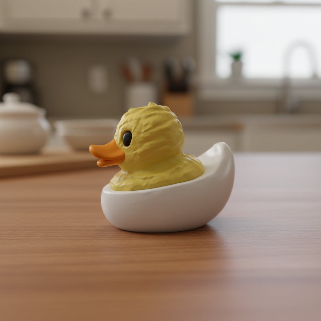 Deviled Egg Duck collectible left side view on a warm kitchen table