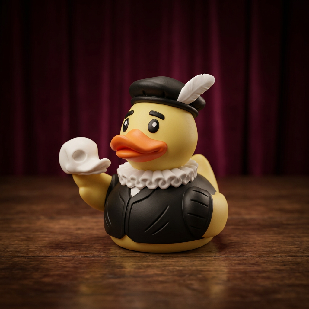 Hamlet-Inspired Duck camera-facing three-quarter view on a theatre stage
