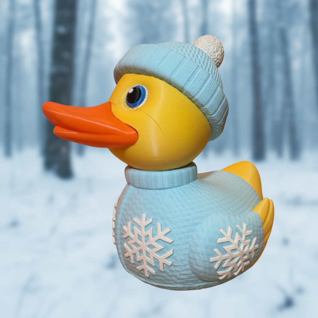 Winter Duck left-side view in a snowy woodland