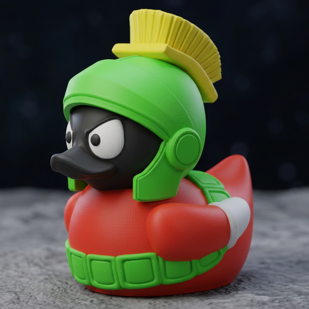 Marvin the Martian-inspired duck, camera-facing three-quarter view on lunar backdrop
