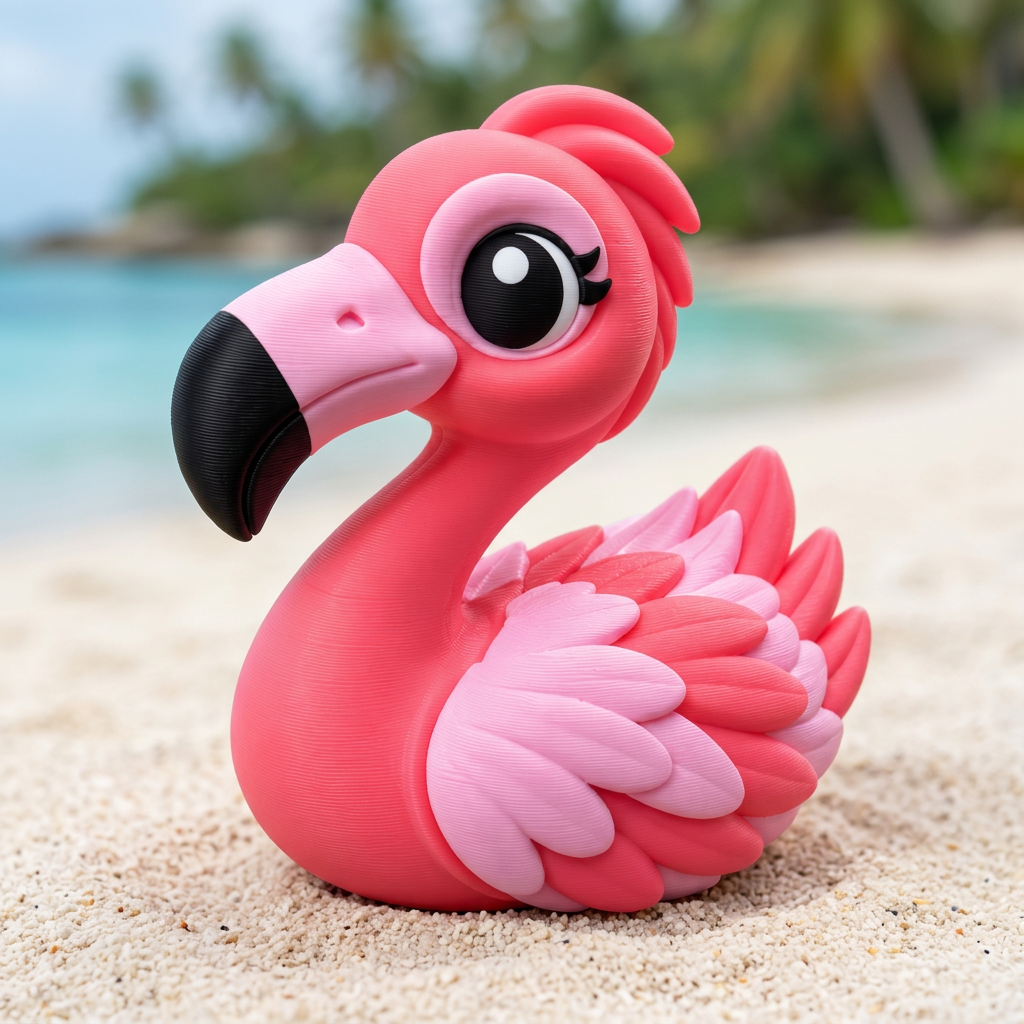 Tropical Flamingo Duck camera-facing three-quarter view with tropical shoreline background