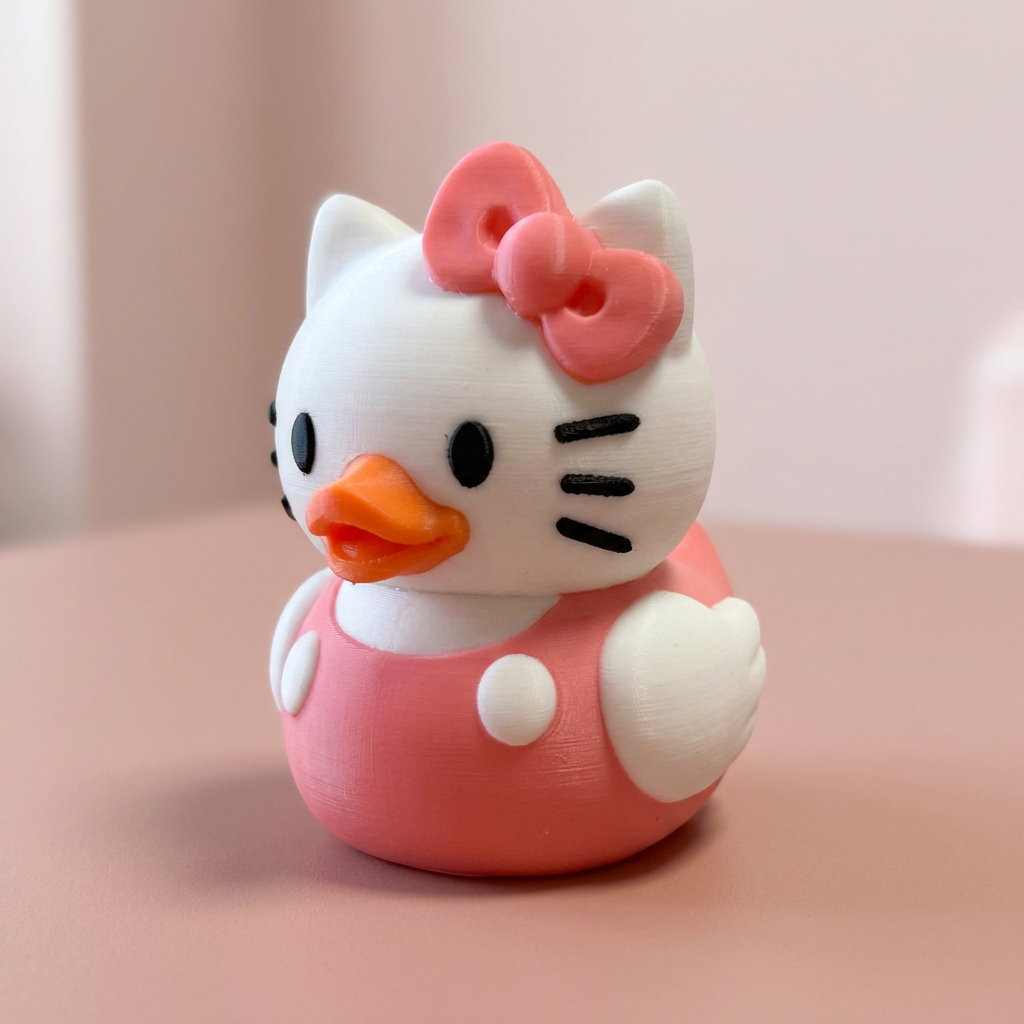 Hello Kitty-inspired duck, camera-facing three-quarter view on a blush-pink tabletop