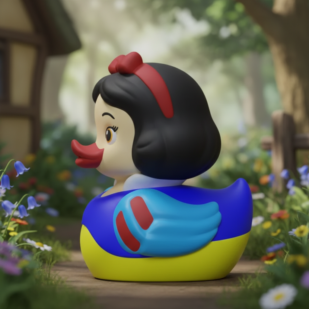 Snow White Duck collectible left side view in a woodland cottage garden