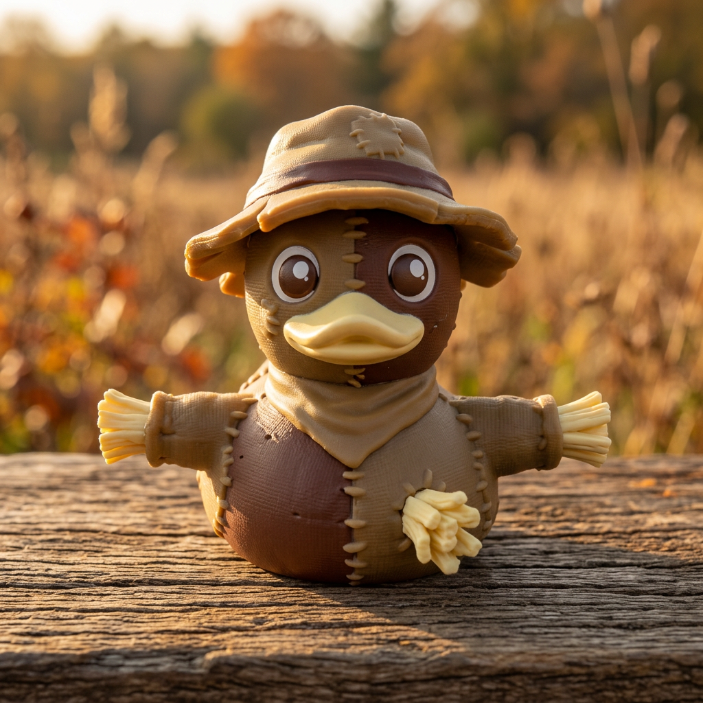 Cute Scarecrow Duck, front view with harvest background