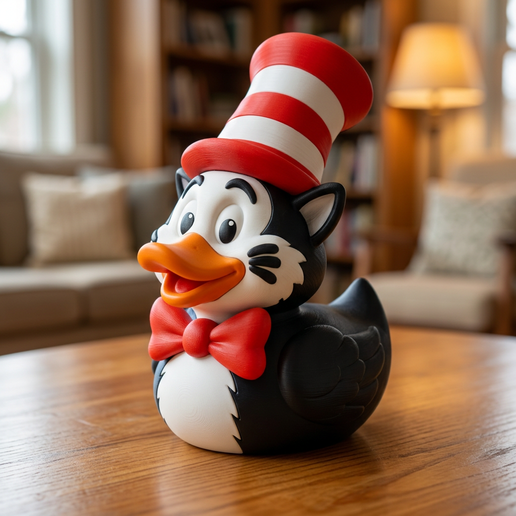 Cat in the Hat-inspired duck, camera-facing three-quarter view