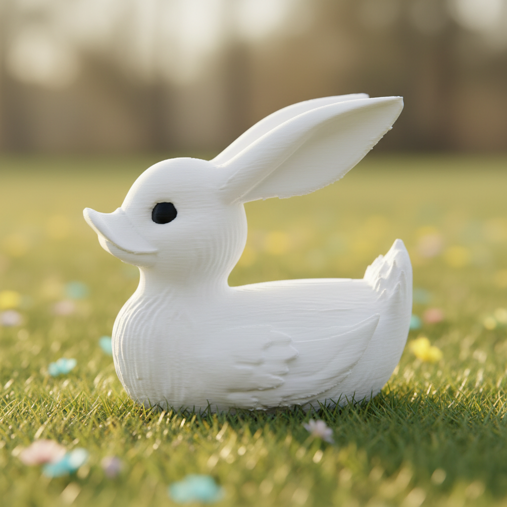 Rabbit Duck left-side view in a softly blurred meadow