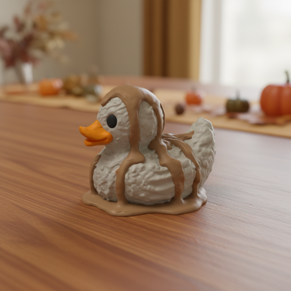 Mashed Potatoes and Gravy Duck collectible left side view on a Thanksgiving table