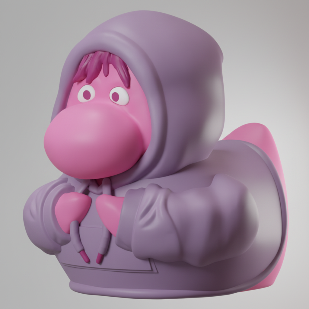 Camera-facing view of Embarrassment-inspired duck in a purple hoodie