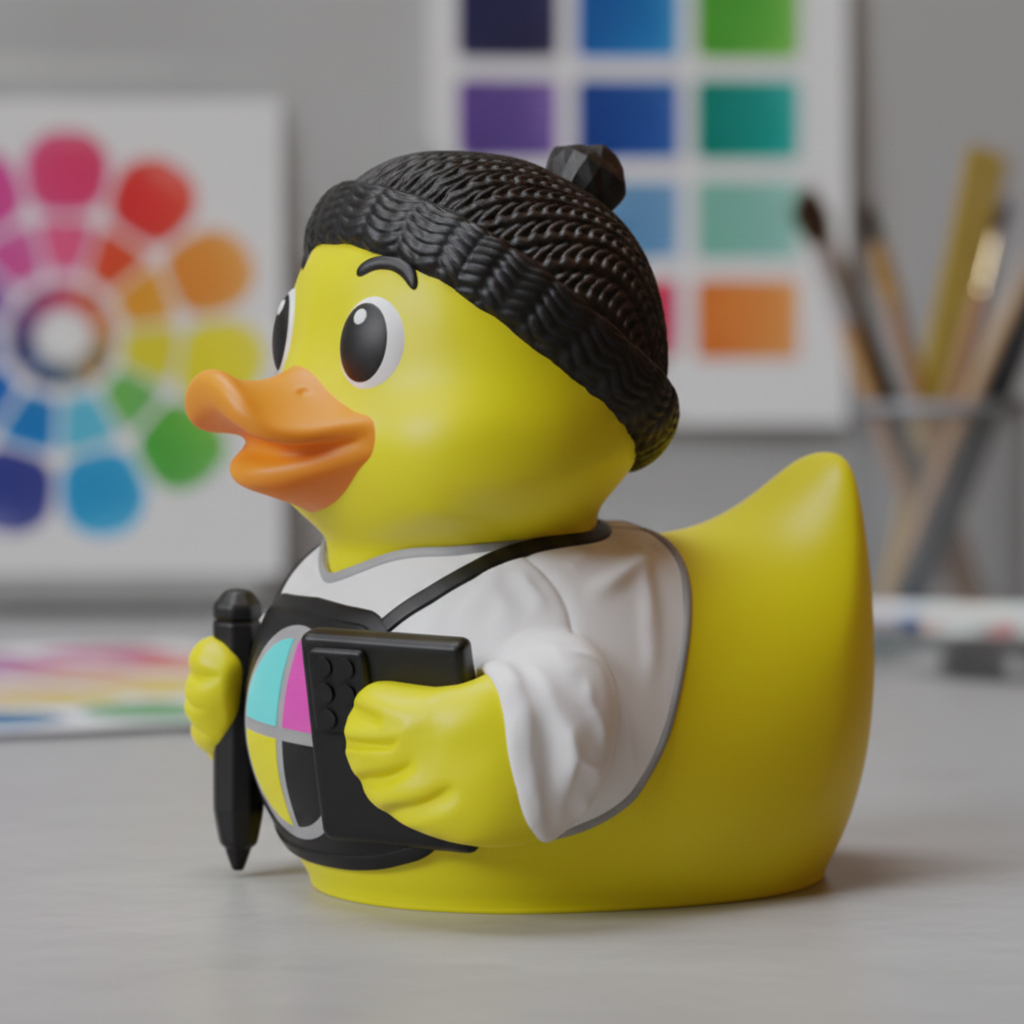 Graphic Designer Duck collectible left side view in a creative studio