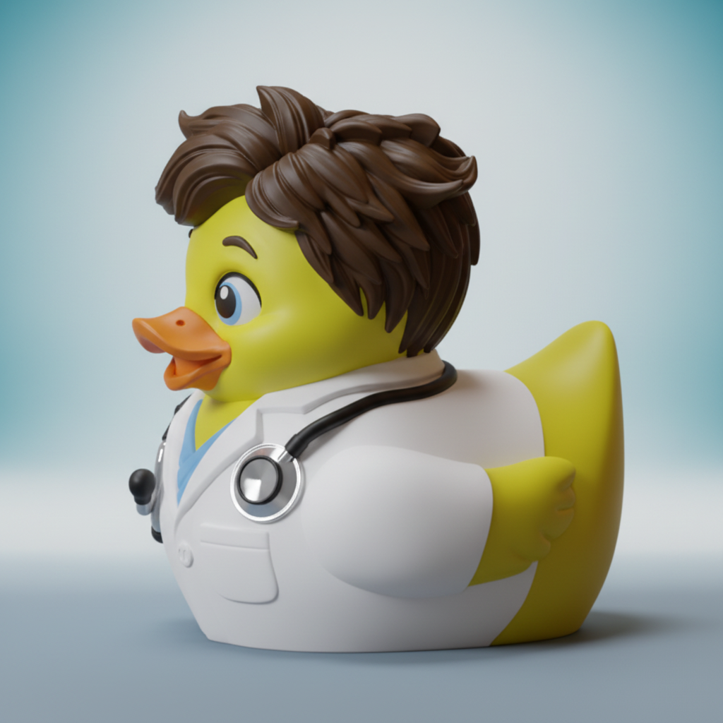 Left-side view of Doctor Duck facing left with a clean medical background