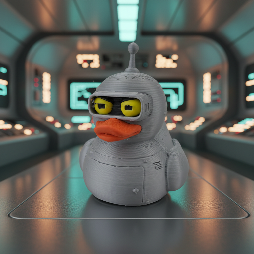 Bender-inspired robot duck facing the camera in a retro-futuristic spaceship