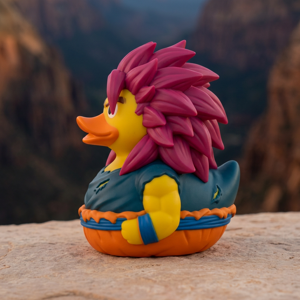 Super Saiyan God V1 collectible duck, left-facing side view