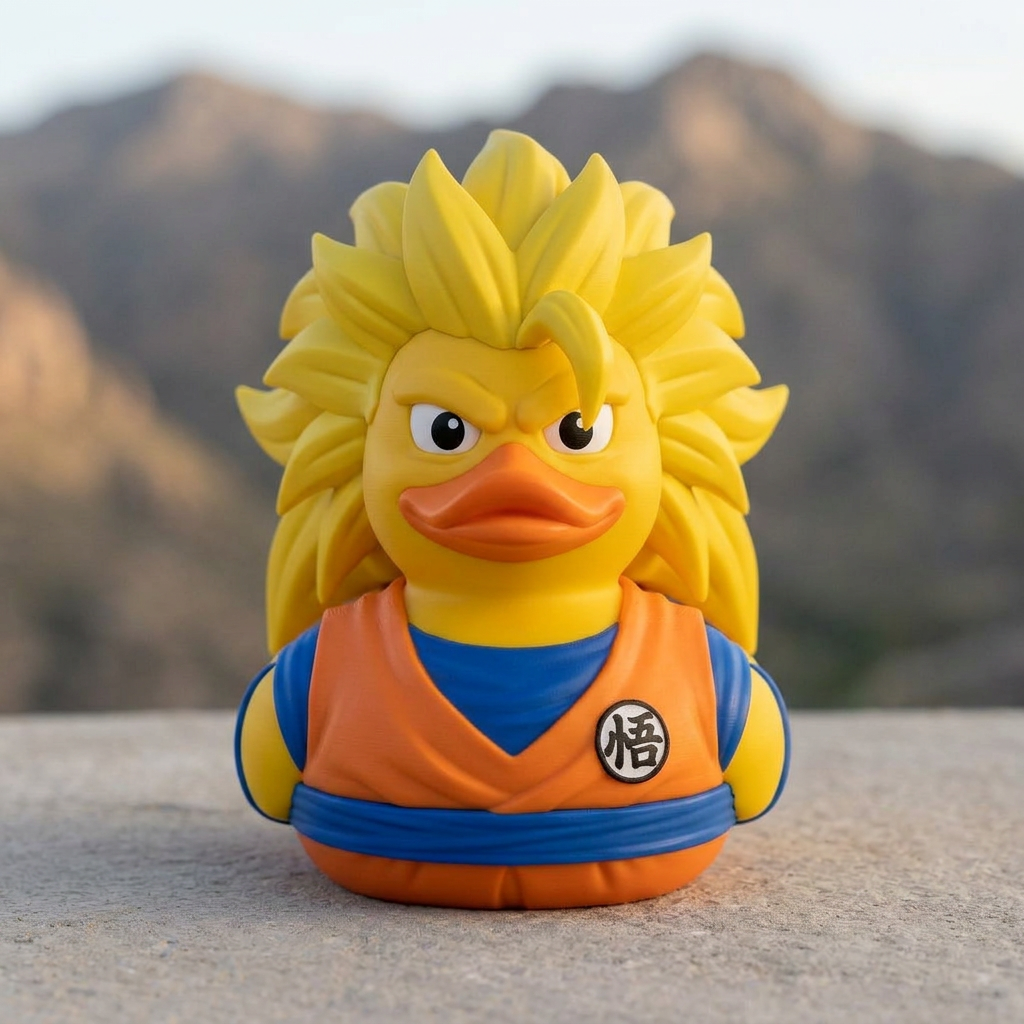 Super Saiyan 3 duck front view on a stone surface with a rocky mountain background