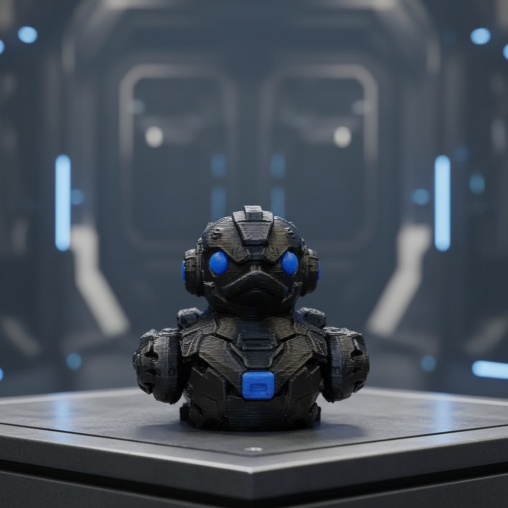 Mecha Duck collectible front view in a futuristic hangar