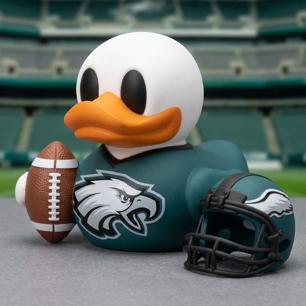 Philadelphia Eagles collectible duck, camera-facing three-quarter view
