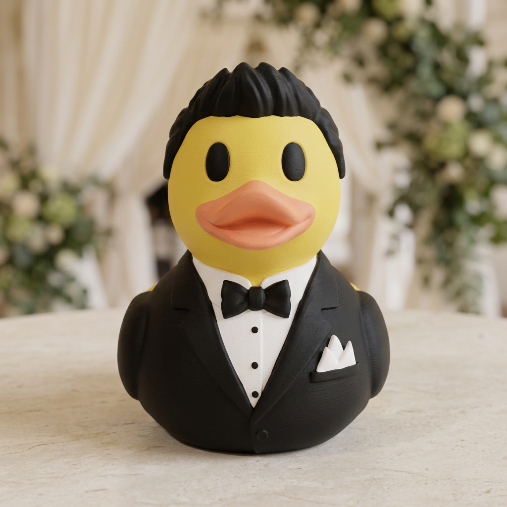 Dapper Groom Duck front view on a wedding-themed background