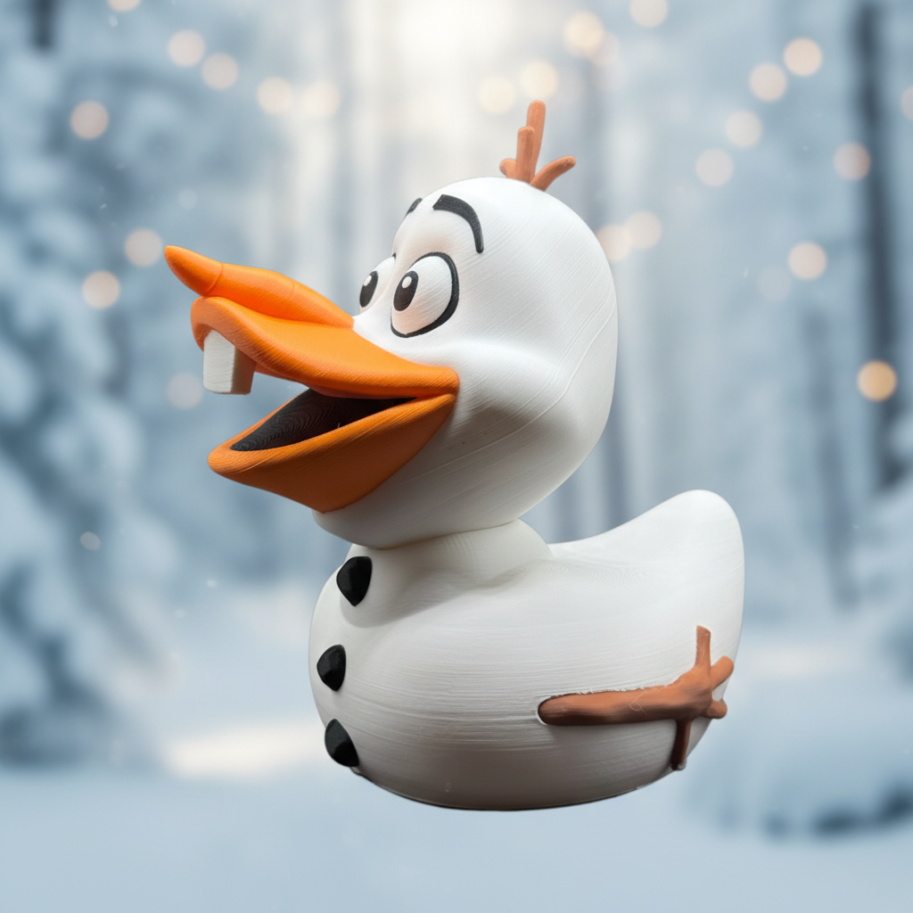 Olaf Duck left-side view in a snowy winter setting