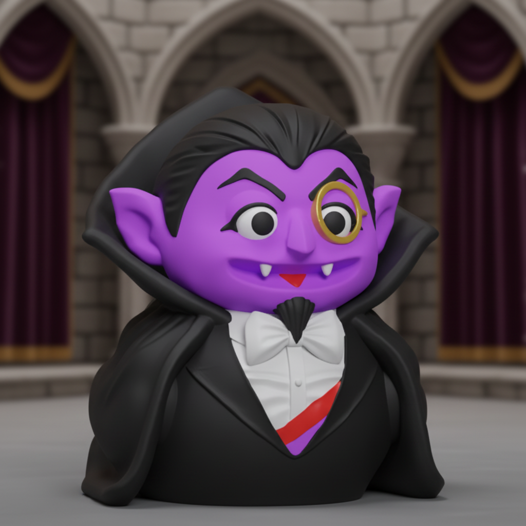 The Count collectible duck front view in a gothic castle setting