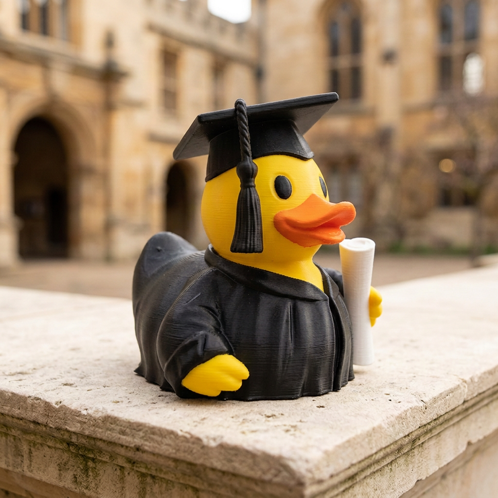Graduation Duck camera-facing three-quarter view on a campus courtyard ledge