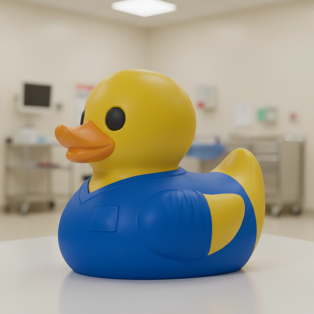 Scrubs Duck left-side profile in medical scrubs