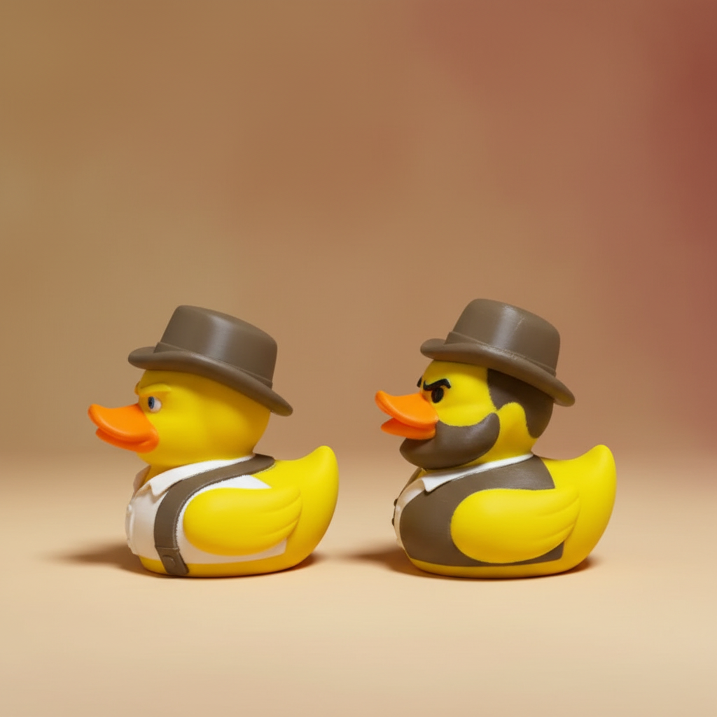 Left-side view of the Bud Spencer and Terence Hill Duck duo facing left with a vintage action-comedy background